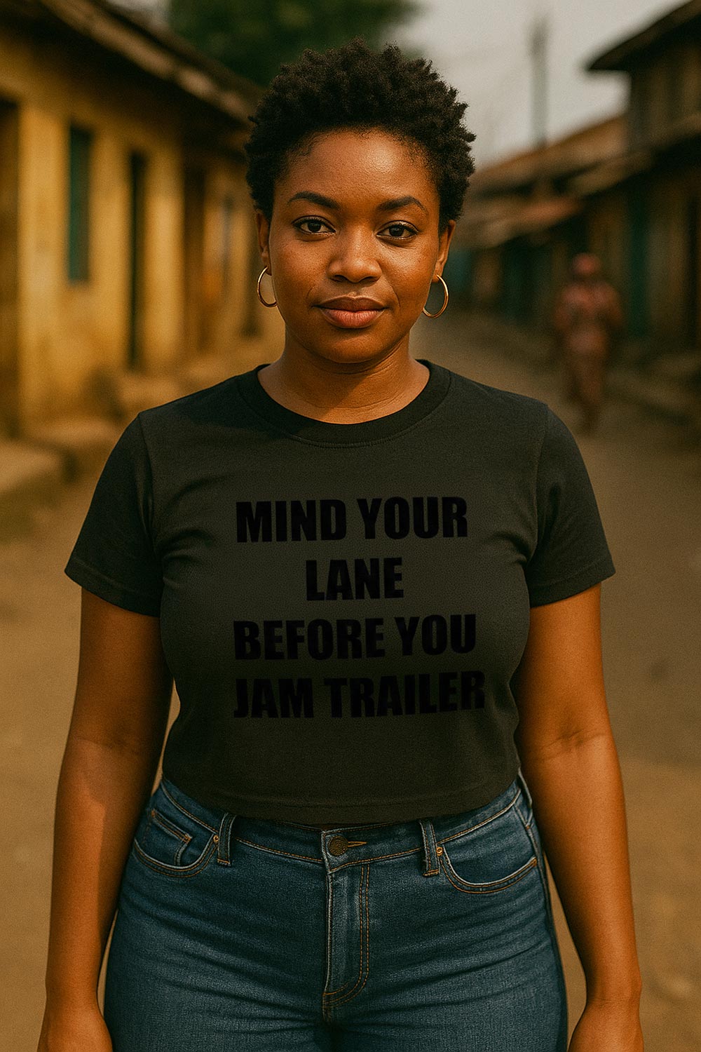 Confident woman standing straight in mind your lane before you jam trailer smooth journey meaningful gift.
