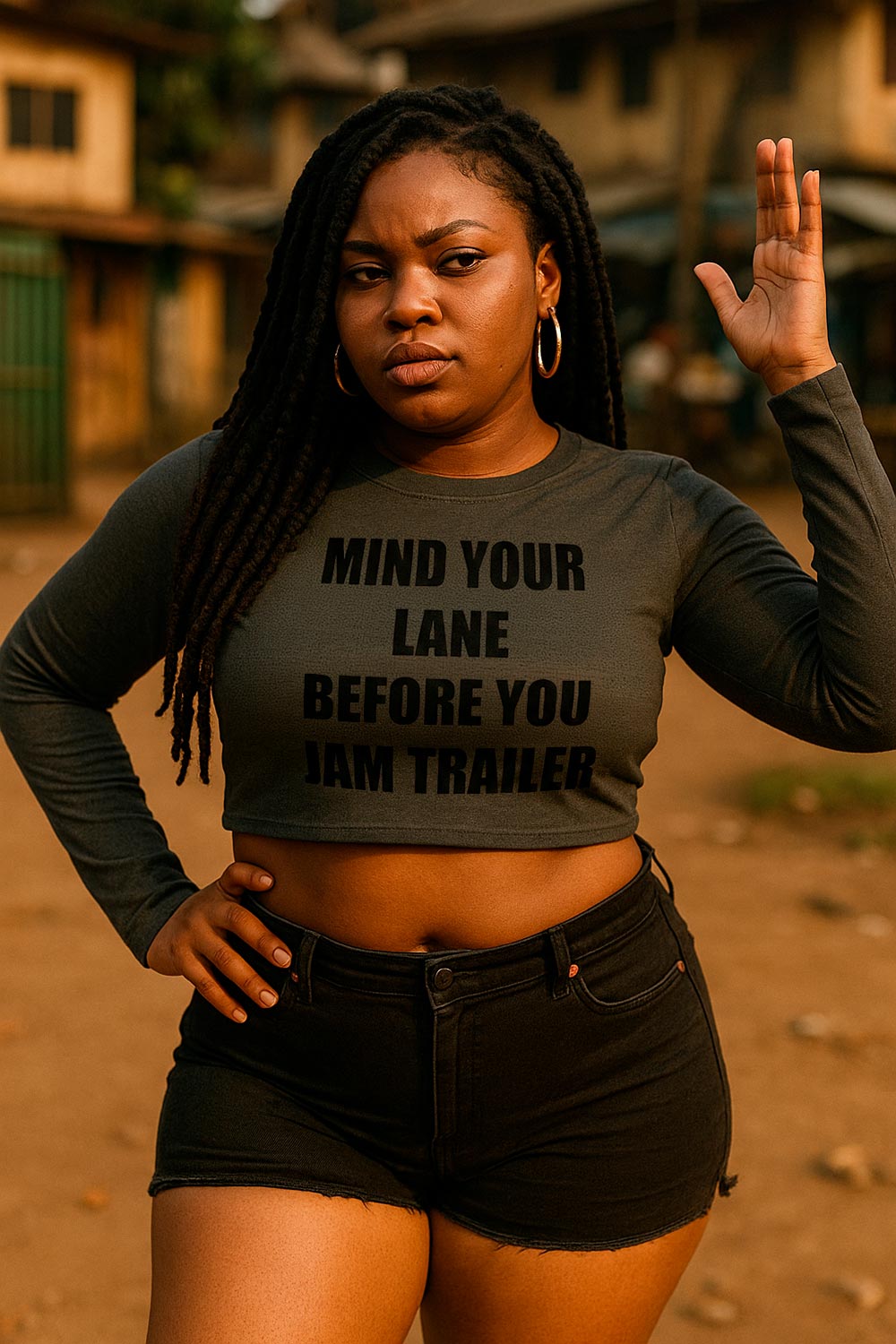 Confident woman raising hand wearing mind your lane before you jam trailer clear focus perfect gift.
