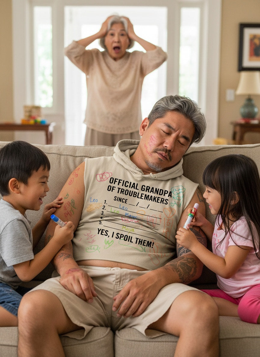 Funny TtCAD shirt for grandfathers: Official Grandpa of Troublemakers; a perfect humorous gift idea for a grandpa from grandkids