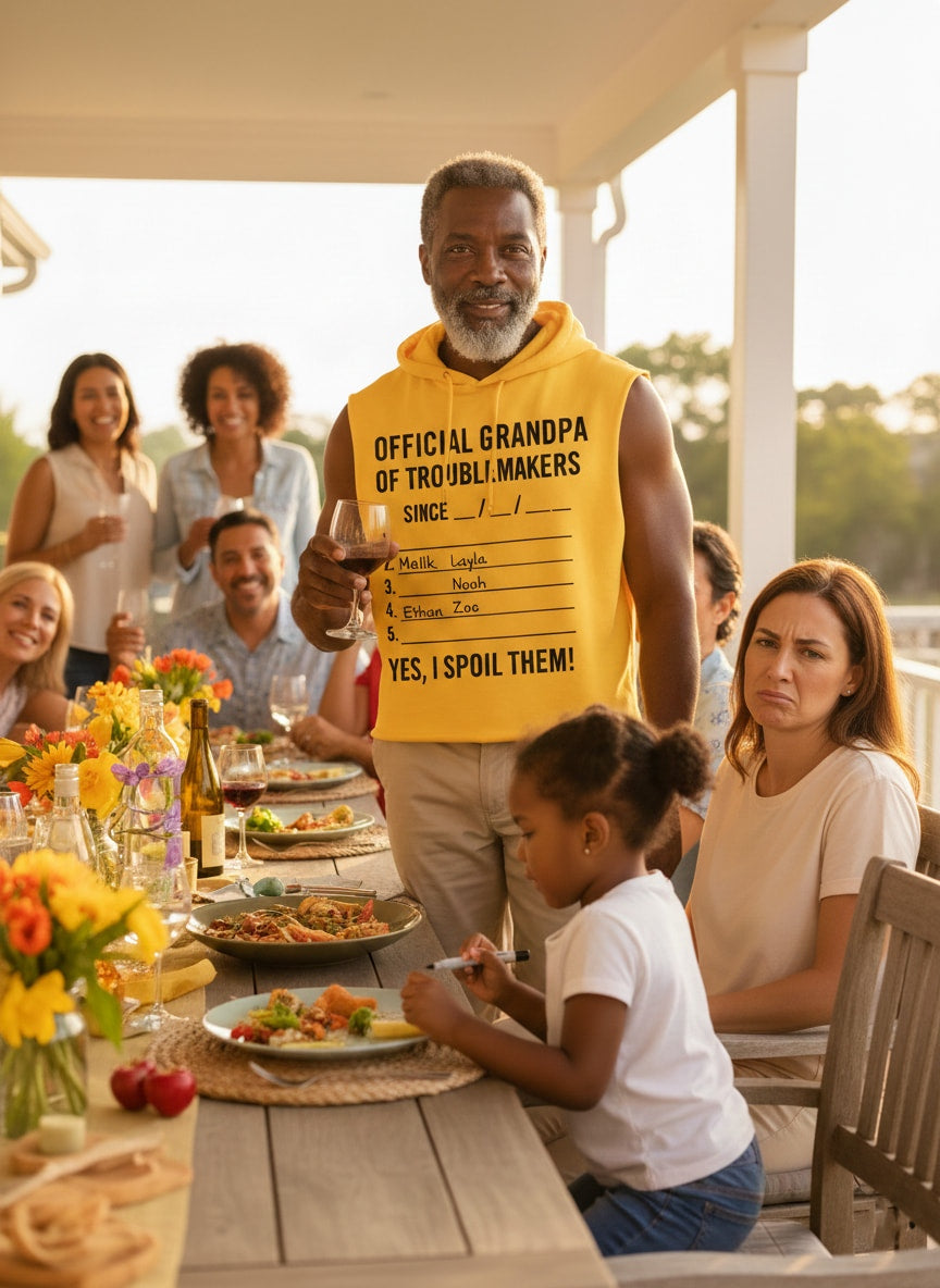 Proud grandfather wearing Official Grandpa of Troublemakers tee at a family dinner; great birthday or Father's Day gift for a cool grandpa