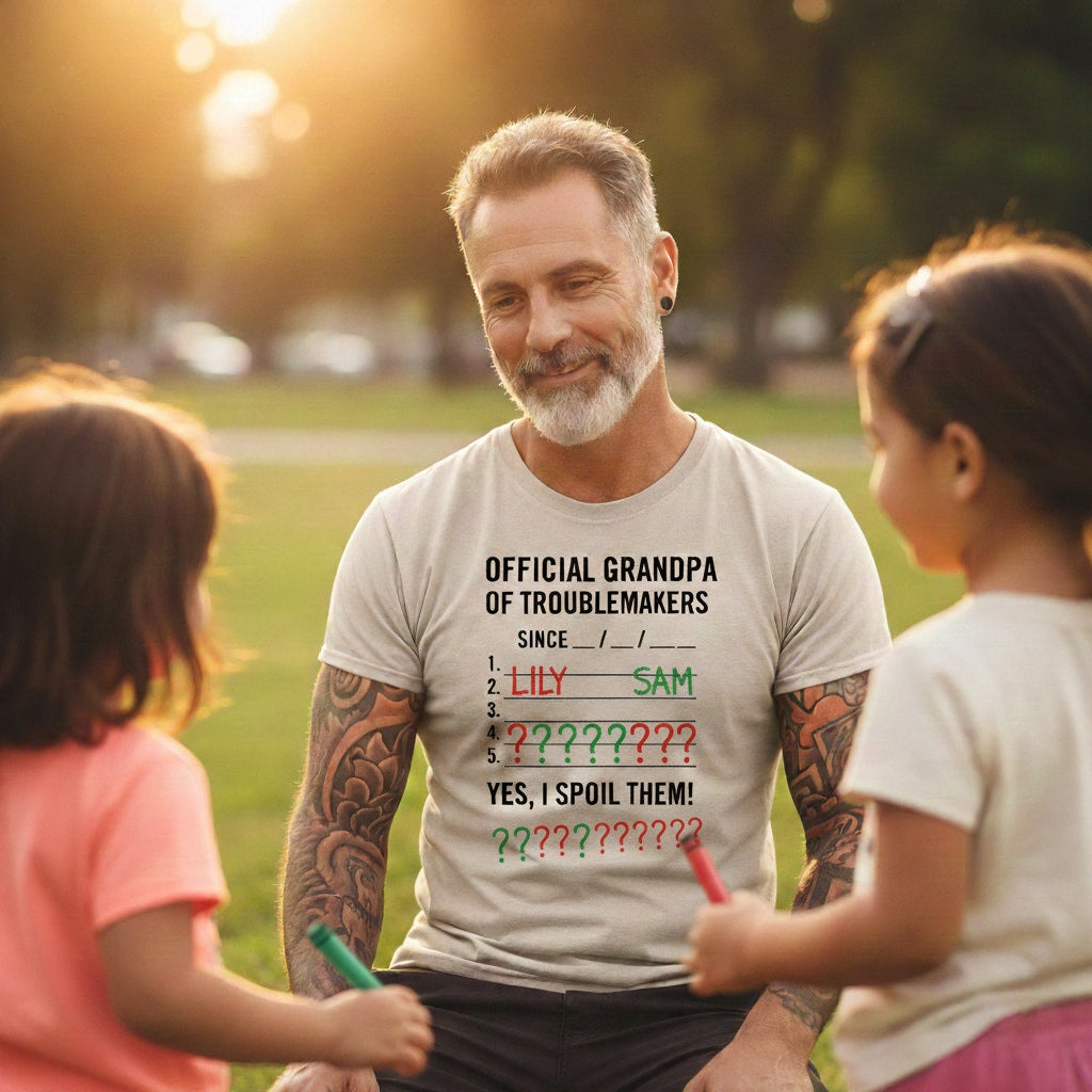 Heartwarming family moment: grandpa in Official Grandpa of Troublemakers shirt with granddaughter; unique Christmas gift for a beloved grandfather