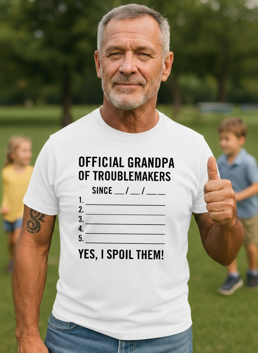 Confident grandpa in Official Grandpa of Troublemakers premium tee; best gift for a grandfather who loves his grandkids and a good laugh