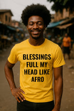 Happy man with afro wearing blessings full my head like afro showing heavy goodness perfect gift.