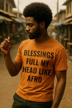 Thoughtful man looking sideways in blessings full my head like afro feeling deep gratitude perfect gift.