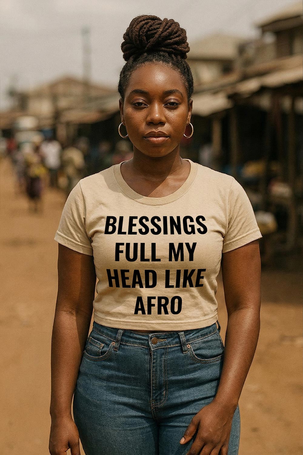 Serious woman standing straight wearing blessings full my head like afro showing pure joy perfect gift.