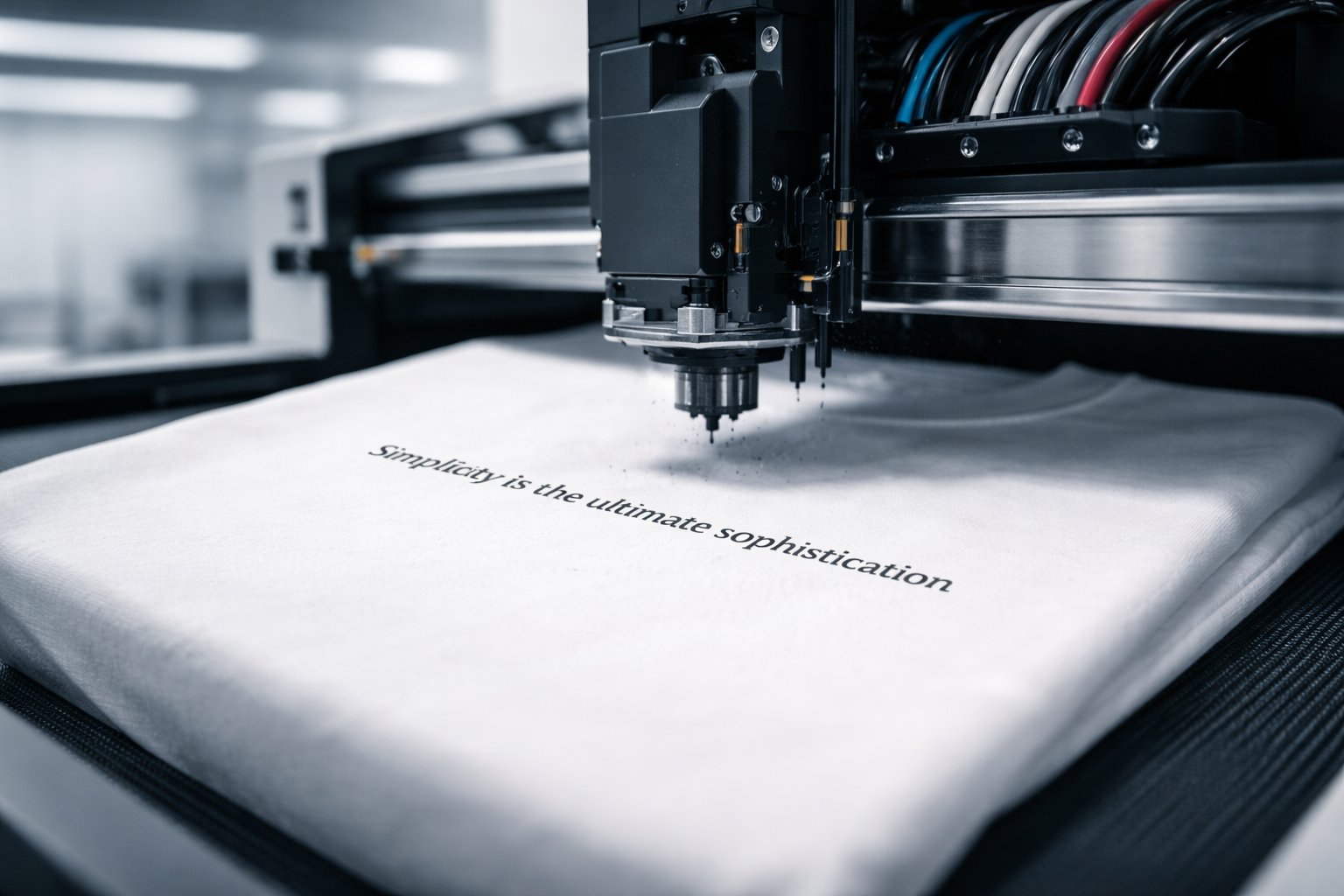 Textile printing machine applying text to a white fabric