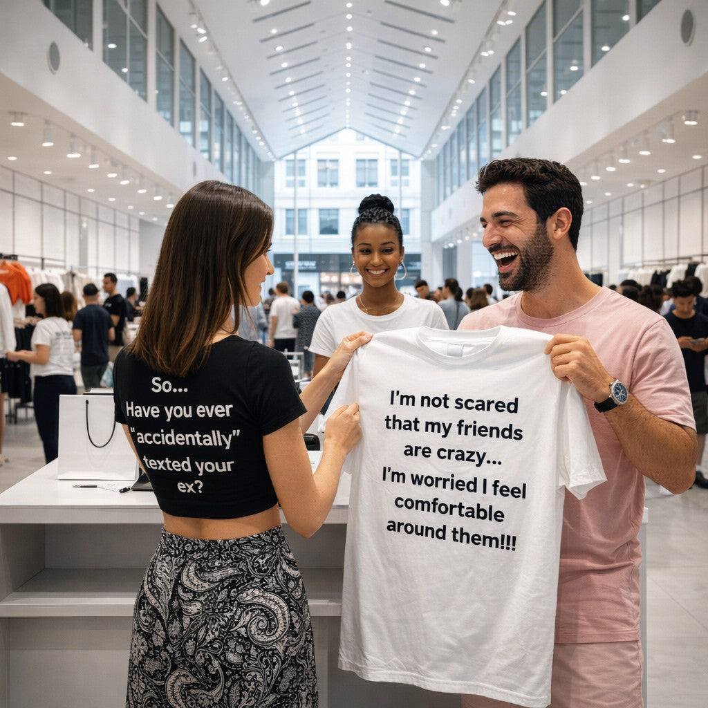 Three happy friends laughing and looking at TtCAD premium t-shirts with funny ironic messages, perfect gift idea for friends who recognize themselves in these quotes.