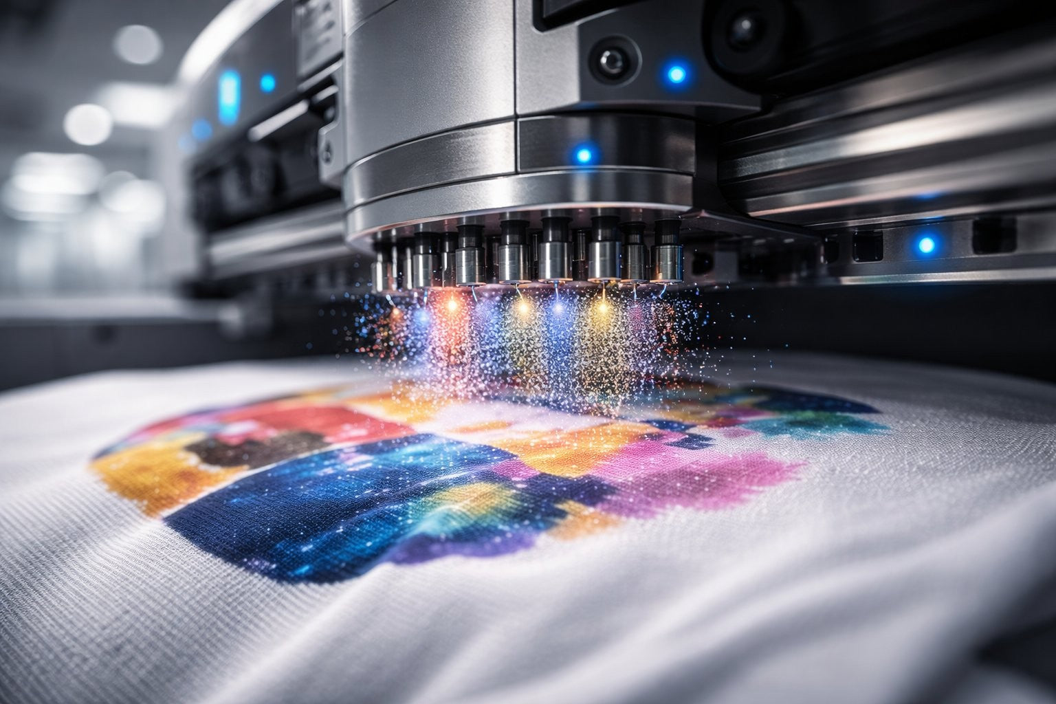 Embroidery machine in action with colorful design on fabric